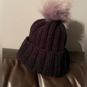 crochet hat with faux fur pompom